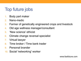 Top future jobs
1. Body part maker
2. Nano-medic
3. Farmer of genetically engineered crops and livestock
4. Old age wellness manager/consultant
5. ‘New science’ ethicist
6. Climate change reversal specialist
7. Virtual lawyer
8. Time broker / Time bank trader
9. Personal brander
10. Social 'networking' worker
www.fastfuture.com
 