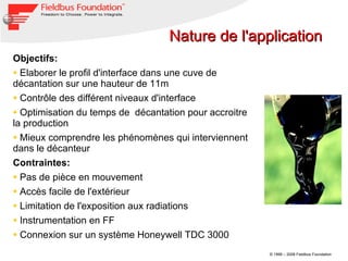 Objectifs:  Elaborer le profil d'interface dans une cuve de décantation sur une hauteur de 11m Contrôle des différent niveaux d'interface Optimisation du temps de  décantation pour accroitre la production Mieux comprendre les phénomènes qui interviennent dans le décanteur Contraintes: Pas de pièce en mouvement Accès facile de l'extérieur Limitation de l'exposition aux radiations  Instrumentation en FF Connexion sur un système Honeywell TDC 3000 Nature de l'application 