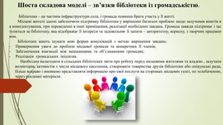 Шоста складова моделі – зв’язки бібліотеки із громадськістю.
Бібліотека – це частина інфраструктури села, і громада повинна брати участь у її житті.
Місцеві жителі здатні забезпечити підтримку бібліотеки у вирішенні багатьох проблем: щодо залучення коштів н
а комплектування, при переведенні в інші приміщення, реалізації необхідних завдань. Громада завжди підтримає і зас
тупиться за бібліотеку, яка відображає її інтереси та задовольняє її запити – авторитетну, корисну, з творчим працівни
ком.
Бібліотеки мають шукати нові форми комунікацій з метою вирішення завдань:
- Привернення уваги до проблем місцевої громади та конкретних її членів;
- Забезпечення взаємодії між мешканцями та об’єднаннями громадян;
- Реалізація громадських ініціатив.
Необхідно налагодити в сільських бібліотеках звіти про роботу перед місцевими жителями та владою , залучати
волонтерів, активістів з числа місцевого населення, створювати товариства друзів бібліотеки або опікунські ради,
більш яскраво і впевнено представляти інформацію про свої послуги на сторінках місцевих газет, по телебаченню,
через рекламні матеріали.
 
