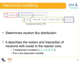 Neutronics modelling
• Determines neutron flux distribution
• It describes the motion and interaction of
neutrons with nuclei in the reactor core.
– 7 independent variables [x, y, z, θ, ϕ, E, t]
– Flux is the dependent variable.
5
(Duderstadt and Hamilton 1976)
 
