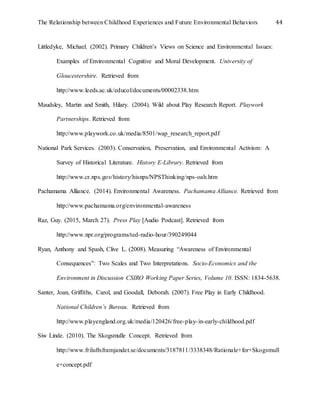 The Relationship between Childhood Experiences and Future Environmental Behaviors 44
Littledyke, Michael. (2002). Primary Children’s Views on Science and Environmental Issues:
Examples of Environmental Cognitive and Moral Development. University of
Gloucestershire. Retrieved from
http://www.leeds.ac.uk/educol/documents/00002338.htm
Maudsley, Martin and Smith, Hilary. (2004). Wild about Play Research Report. Playwork
Partnerships. Retrieved from
http://www.playwork.co.uk/media/8501/wap_research_report.pdf
National Park Services. (2003). Conservation, Preservation, and Environmental Activism: A
Survey of Historical Literature. History E-Library. Retrieved from
http://www.cr.nps.gov/history/hisnps/NPSThinking/nps-oah.htm
Pachamama Alliance. (2014). Environmental Awareness. Pachamama Alliance. Retrieved from
http://www.pachamama.org/environmental-awareness
Raz, Guy. (2015, March 27). Press Play [Audio Podcast]. Retrieved from
http://www.npr.org/programs/ted-radio-hour/390249044
Ryan, Anthony and Spash, Clive L. (2008). Measuring “Awareness of Environmental
Consequences”: Two Scales and Two Interpretations. Socio-Economics and the
Environment in Discussion CSIRO Working Paper Series, Volume 10. ISSN: 1834-5638.
Santer, Joan, Griffiths, Carol, and Goodall, Deborah. (2007). Free Play in Early Childhood.
National Children’s Bureau. Retrieved from
http://www.playengland.org.uk/media/120426/free-play-in-early-childhood.pdf
Siw Linde. (2010). The Skogsmulle Concept. Retrieved from
http://www.friluftsframjandet.se/documents/3187811/3338348/Rationale+for+Skogsmull
e+concept.pdf
 