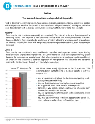 The DISC Index Four Components of Behavior
MichaelJones
Copyright 2016 Innermetrix Incorporated • All rights reserved 7
Decisive
Your approach to problem-solving and obtaining results
The D in DISC represents Decisiveness. Your score on this scale, represented below, shows your location
on the D spectrum based on the pattern of your responses. A high score doesn't mean good, and a low
score doesn't mean bad, as this is a spectrum or continuum of behavioral traits. For example:
Higher D —
Tend to solve new problems very quickly and assertively. They take an active and direct approach to
obtaining results. The key here is new problems such as those that are unprecedented or haven't
happened before. There may also be an element of risk in taking the wrong approach or developing
an incorrect solution, but those with a High D score are willing to take those risks, even if they may be
incorrect.
Lower D —
Tend to solve new problems in a more deliberate, controlled, and organized manner. Again, the key
here is new and unprecedented problems. The Lower D style will solve routine problems very quickly
because the outcomes are already known. But, when the outcomes are unknown and the problem is
an uncertain one, the Lower D style will approach the new problem in a calculated and deliberate
manner by thinking things through very carefully before acting.
0
10
20
30
40
50
60
70
80
90
100
Natural 81 /Adaptive 95 Your score shows a very high score on the 'D' spectrum. The
comments below highlight some of the traits specific to just your
unique score.
• You are practical - all about the business and getting results
quickly without fluff or delay.
• You are direct in your communications, no ambiguities.
• Your approach tends to be forceful and very direct.
• Sometimes you become argumentative, even when you don't
mean to be or notice that you are.
• You are a great source of innovation and new solutions, even if
radical sometimes.
• You may be perceived as somewhat egocentric by others (i.e.,
others who you feel are less confident than you).
 