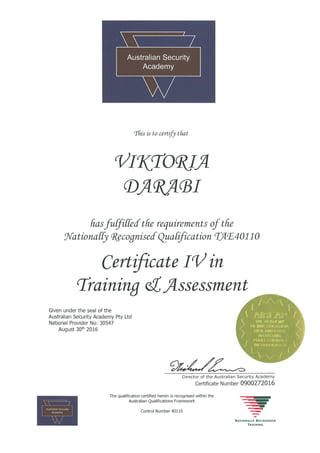 Cert IV TAE Qualification Certificate