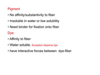 Pigment
• No affinity/substantivity to fiber
• Insoluble in water or low solubility
• Need binder for fixation onto fiber
Dye
• Affinity to fiber
• Water soluble. Exception disperse dye
• have interactive forces between dye‐fiber
 