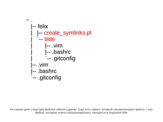 ~.
            |-- felix
            | |-- create_symlinks.pl
            | `-- tilde
            |       |-- .vim
       ...