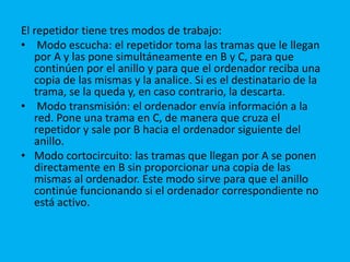 El repetidor tiene tres modos de trabajo:
• Modo escucha: el repetidor toma las tramas que le llegan
   por A y las pone simultáneamente en B y C, para que
   continúen por el anillo y para que el ordenador reciba una
   copia de las mismas y la analice. Si es el destinatario de la
   trama, se la queda y, en caso contrario, la descarta.
• Modo transmisión: el ordenador envía información a la
   red. Pone una trama en C, de manera que cruza el
   repetidor y sale por B hacia el ordenador siguiente del
   anillo.
• Modo cortocircuito: las tramas que llegan por A se ponen
   directamente en B sin proporcionar una copia de las
   mismas al ordenador. Este modo sirve para que el anillo
   continúe funcionando si el ordenador correspondiente no
   está activo.
 