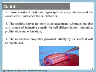 2. Tissue construct must have organ specific shape, the shape of the
construct will influence the cell behavior;
3. The scaffold serves not only as an attachment substrate, but also
as a source of inductive signals for cell differentiation, migration,
proliferation and orientation;
4. The mechanical properties provided initially by the scaffold will
be maintained.
Contd…
Department Of Electronics and communication
6
 