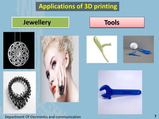 Applications of 3D printing
Jewellery Tools
Department Of Electronics and communication 7
 