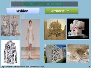 Applications of 3D printing
Fashion Architecture
Department Of Electronics and communication 8
 