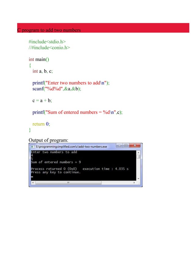 C program to add two numbers | PDF