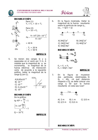 Física
CICLO 2007-II Prohibida su Reproducción y VentaPágina 155
UNIVERSIDAD NACIONAL DEL CALLAO
CENTRO PREUNIVERSITARIO
45o
F(N)
q(C)
q(C)
RESOLUCIÓN
Para (1)
T1 + Fe = 10 + T2
Para (2)
T2 = 10 + Fe
 
2
9 6
2
9 10 20 10
Fe
9 10


 


= 40 N
 T1 = 20 N
 T2 = 50 N
RPTA.: A
5. Se tienen dos cargas Q y q
separadas en el vacío por 3 m. A
medida que la magnitud de q se
incrementa, la magnitud de la
fuerza eléctrica de interacción
varía de acuerdo a la siguiente
gráfica. hallar la magnitud de la
carga Q (en C).
RESOLUCIÓN
De la gráfica:
tg 45º =
Fe
1
q

9 Qq
9 10
9
1
q
 
 
  
Q = 109
C
RPTA.: E
6. En la figura mostrada, Hallar la
magnitud de la fuerza resultante
sobre la partícula de carga q o.
(q o = Q/2 = q)
RESOLUCIÓN
FR = F1 + F2
FR = 5KQ² / 8a²
RPTA.: E
7. En la figura se muestran
dos partículas electrizadas. Si
Q1 = 4Q2. ¿A qué distancia
respecto a Q1 se debe colocar una
carga q tal que la fuerza
resultante en esta sea nula?
A) 2 m B) 1 m C) 3/5 m
D) 2/3 m E) 5/2 m
RESOLUCIÓN
A)8,85x10-19
B) 10-12
C) 10-10
D) 3,14x10-12
E) 10-9
A)3KQ2
/a2
B) 2KQ2
/a2
C) 3KQ2
/4a2
D) 4KQ2
/a2
E) 5KQ2
/8a2
+2q +Q +qo
aa
+Q1 +Q2
3 m
 