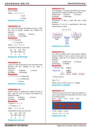 ACADEMIA DELTA MATEMÁTICA
SOLUCIONARIO UPT FASE CERO 2016-I Página de Facebook: Delta Academias
Resolución
Hoy es martes.
Piden: 1 2 2 1
ayer
Lunes
    


Respuesta: a) lunes
PREGUNTA 12
Si el ayer del anteayer de mañana es jueves. ¿Qué
día será el pasado mañana del mañana de
anteayer?
a) Lunes b) Martes c) Jueves
d) Viernes e) Domingo
Resolución
1 2 1 es jueves
2 es jueves
Piden: 2 1 2 1
Poniendo los datos en una recta.
  
 
    
2 1 0 1
Jue Vie Sab Dom
Respuesta: e) Domingo
PREGUNTA 13
¿Cuál es el día que precede al ayer del anterior del
posterior día que subsigue al que sigue a
miércoles?
a) Lunes b) Martes c) Jueves
d) Sábado e) Domingo
Resolución
1 1 1 1 2 1 a Miércoles
1 a Miércoles
Jueves
     
 

Respuesta: c) jueves
PREGUNTA 14
Siendo viernes el mañana del mañana de hace 5
días. ¿Qué día será el anteayer del anteayer de
dentro de 4 días?
a) Lunes b) Martes c) Jueves
d) Viernes e) Sábado
Resolución
Viernes es 1 1 5
Viernes es 3
Piden: 2 2 4 0
Graficando los datos en una recta.
  
 
   
3 2 1 0
Vie Sab Dom Lun
Respuesta: a) lunes
PREGUNTA 15
Si el domingo 13 de marzo del 2005 nació Jessica.
¿Qué día de la semana celebrará sus 15 años?
a) Miércoles b) Jueves c) Viernes
d) Sábado e) Domingo
Resolución
Transcurren 15 años y entre ellos hay 4 años
bisiestos.
Sumamos: 15 4 19,  es equivalente a decir que
transcurrieron 19 días.
o
15 4 7 5   
Bisiestos
2008
2012
2016
2020
13 de Marzo
Domingo Viernes
2005
13 de Marzo
2020
Respuesta: c) viernes
PREGUNTA 16
Si el día de mañana fuese como pasado mañana,
entonces faltaría 2 días a partir de hoy para ser
domingo. ¿Qué día de la semana será dentro de
100 días?
a) Lunes b) Miércoles c) Viernes
d) Domingo e) Sábado
Resolución
Jueves viernes Sábado domingo
hoyCaso rea ml: añana
Suposición: pasado
mañana
o
Hoy es jueves.
100 7 2
Piden: jueves 100 jueves 2 sábado

 
   
Respuesta: e) Sábado
PREGUNTA 17
Al tener una caja azul con 8 cajas rojas dentro y 3
cajas verdes dentro de cada una de las rojas. ¿Cuál
es el total de cajas?
a) 25 b) 29 c) 33 d) 36 e) 41
Resolución
3 8 1 8 1 1 33
Verdes Rojas Azules 
     
Respuesta: c) 33
 
