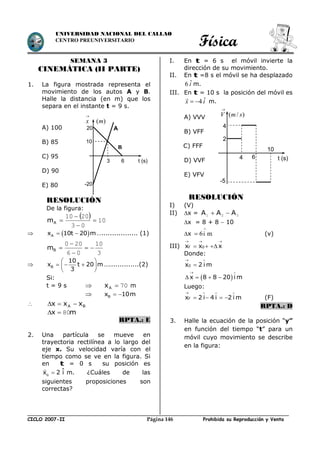 Física
CICLO 2007-II Prohibida su Reproducción y VentaPágina 146
UNIVERSIDAD NACIONAL DEL CALLAO
CENTRO PREUNIVERSITARIO
SEMANA 3
CINEMÁTICA (II PARTE)
1. La figura mostrada representa el
movimiento de los autos A y B.
Halle la distancia (en m) que los
separa en el instante t = 9 s.
A) 100
B) 85
C) 95
D) 90
E) 80
RESOLUCIÓN
De la figura:
  10
03
2010



Am
  Ax 10t 20 m  …................. (1)
3
10
06
200



Bm
 B
10
x t 20 m
3
 
   
 
…..............(2)
Si:
t = 9 s  70Ax m
 Bx 10m 
 BA xxx 
mx 80
RPTA.: E
2. Una partícula se mueve en
trayectoria rectilínea a lo largo del
eje x. Su velocidad varía con el
tiempo como se ve en la figura. Si
en t = 0 s su posición es
o
ˆx 2 i m. ¿Cuáles de las
siguientes proposiciones son
correctas?
I. En t = 6 s el móvil invierte la
dirección de su movimiento.
II. En t =8 s el móvil se ha desplazado
iˆ6 m.
III. En t = 10 s la posición del móvil es
ix ˆ4

m.
A) VVV
B) VFF
C) FFF
D) VVF
E) VFV
RESOLUCIÓN
I) (V)
II) x = 321 AAA 
x = 8 + 8  10
x 6i m

 (v)
III) F 0x x x
  
  
Donde:
 
0x 2 i m
x 8 8 20 i m
 
 

   
Luego:
Fx 2 i 4 i 2 i m
   
    (F)
RPTA.: D
3. Halle la ecuación de la posición “y”
en función del tiempo “t” para un
móvil cuyo movimiento se describe
en la figura:
-20
x

( )m
20
10
3 6 t (s)
A
B
( / )V m s

4
2
4 6
10
t (s)
-5
 