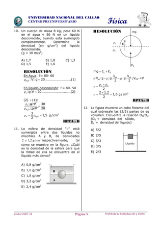 Física
CICLO 2007-II Prohibida su Reproducción y VentaPágina 5
UNIVERSIDAD NACIONAL DEL CALLAO
CENTRO PREUNIVERSITARIO
Líquido
10. Un cuerpo de masa 8 kg, pesa 60 N
en el agua y 50 N en un líquido
desconocido, cuando está sumergido
completamente. Determine la
densidad (en g/cm3
) del líquido
desconocido.
(g = 10 m/s2
)
A) 1,7 B) 1,8 C) 1,3
D) 1,5 E) 1,6
RESOLUCIÓN
En Agua: E= 80- 60
2H O V g 20  ………………………….(1)
En líquido desconocido: E= 80- 50
x g V 30  …………………..…..…..(2)
(2) (1):
2
x
H O
g V 30
g V 20



2x H O
3
1,5
2
    3
g/cm
RPTA.: D
11. La esfera de densidad “” está
sumergida entre dos líquidos no
miscibles A y B, de densidades
3
/2,12 cmgy respectivamente, tal
como se muestra en la figura. ¿Cuál
es la densidad de la esfera para que
la mitad de ella se encuentre en el
líquido más denso?
A) 0,8 g/cm3
B) 1,6 g/cm3
C) 1,8 g/cm3
D) 3,2 g/cm3
E) 2,4 g/cm3
RESOLUCIÓN
1 2mg E E 
esf esf
esf 1 L
V V
V g g g
2 2
     ;Vesf =V
1 2
2
  
 
32 1,2
1,6 g/cm
2

  
RPTA.: B
12. La figura muestra un cubo flotante del
cual sobresale las (2/5) partes de su
volumen. Encuentre la relación DS/DL.
(DS = densidad del sólido,
DL = densidad del líquido)
A) 5/2
B) 2/5
C) 5/3
D) 3/5
E) 2/3
B
A
2E
mg
1E1
2
 