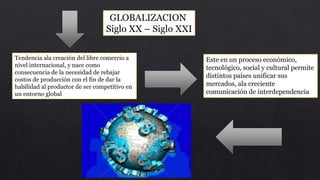 GLOBALIZACION
Siglo XX – Siglo XXI
Tendencia ala creación del libre comercio a
nivel internacional, y nace como
consecuencia de la necesidad de rebajar
costos de producción con el fin de dar la
habilidad al productor de ser competitivo en
un entorno global
Este en un proceso económico,
tecnológico, social y cultural permite
distintos países unificar sus
mercados, ala creciente
comunicación de interdependencia
 