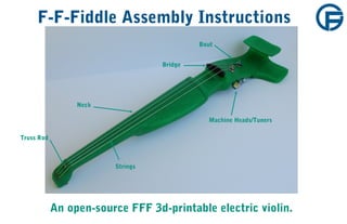 F-F-Fiddle Assembly Instructions
An open-source FFF 3d-printable electric violin.
Bout
Machine Heads/Tuners
Bridge
Strings
Neck
Truss Rod
 