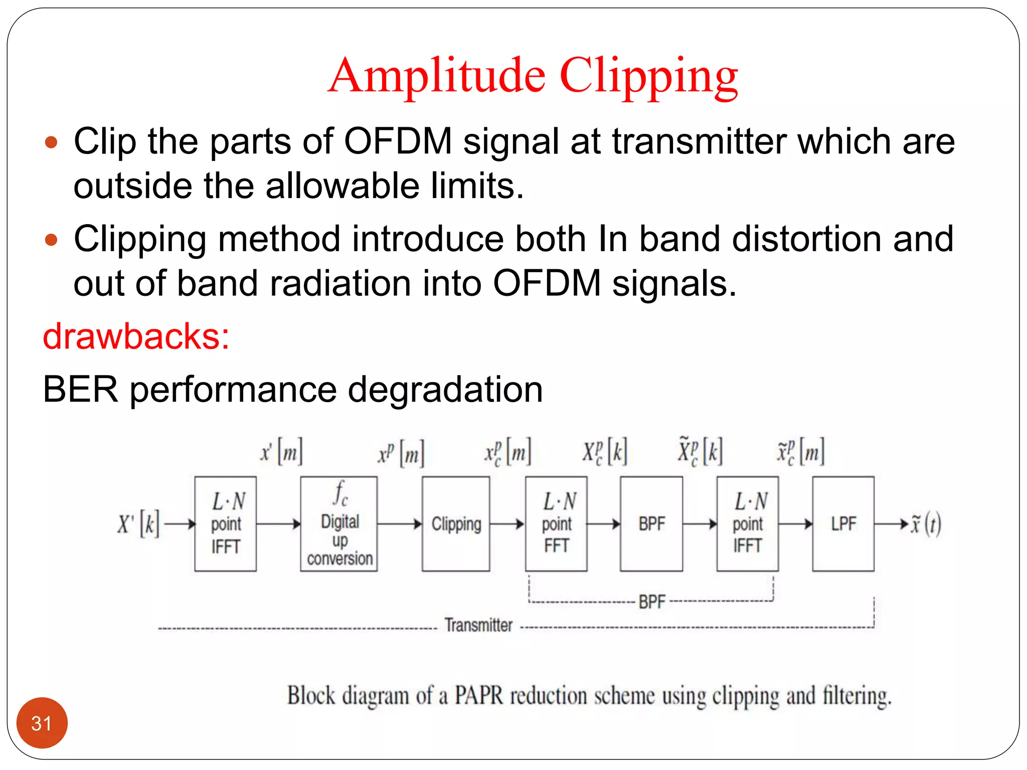 Amplitude Clipping
 Clip the parts of OFDM signal at transmitter which are
outside the allowable limits.
 Clipping method introduce both In band distortion and
out of band radiation into OFDM signals.
drawbacks:
BER performance degradation
31
 