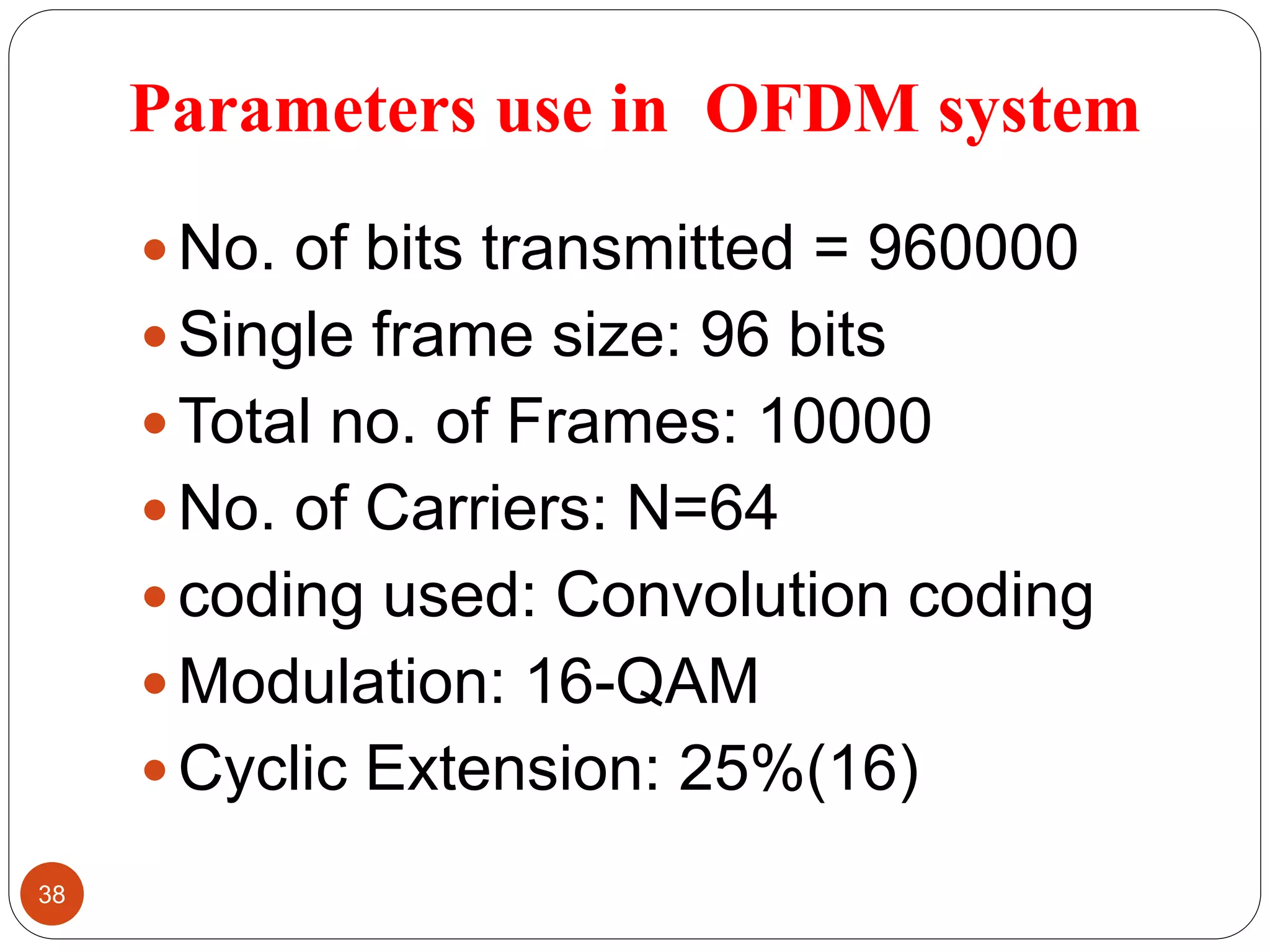 Parameters use in OFDM system
 No. of bits transmitted = 960000
 Single frame size: 96 bits
 Total no. of Frames: 10000
 No. of Carriers: N=64
 coding used: Convolution coding
 Modulation: 16-QAM
 Cyclic Extension: 25%(16)
38
 