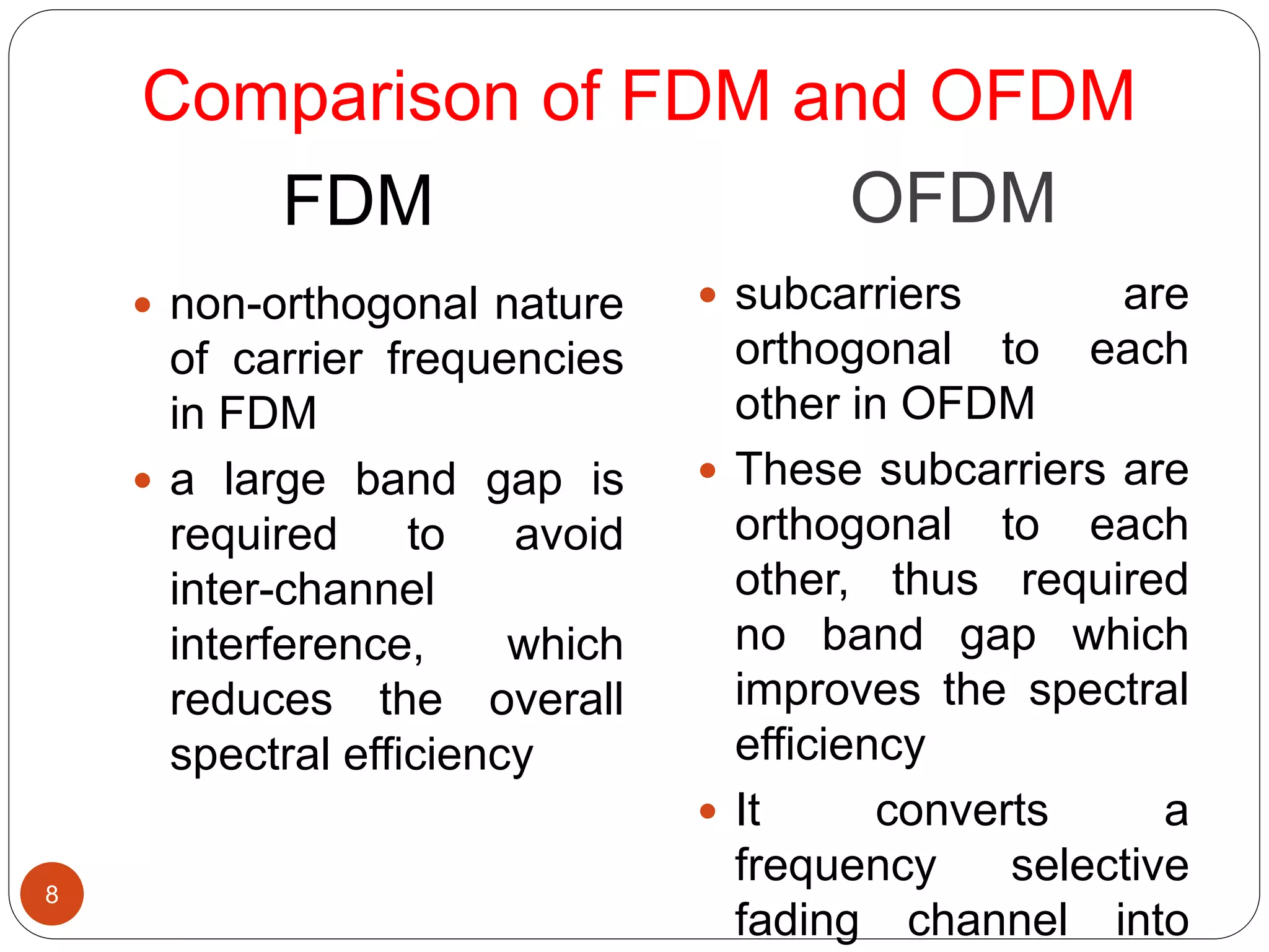 Comparison of FDM and OFDM
FDM OFDM
8
 non-orthogonal nature
of carrier frequencies
in FDM
 a large band gap is
required to avoid
inter-channel
interference, which
reduces the overall
spectral efficiency
 subcarriers are
orthogonal to each
other in OFDM
 These subcarriers are
orthogonal to each
other, thus required
no band gap which
improves the spectral
efficiency
 It converts a
frequency selective
fading channel into
 