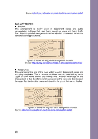 Source: http://syney-elevator.en.made-in-china.com/custom-detail
TWO WAY TRAFFIC
 Parallel
This arrangement is mostly used in department stores and public
transportation buildings that have heavy density of users and heavy traffic
flow. Also this parallel arrangement can be adjusted or reversed to suit the
traffic flow during peak hours.
Figure 5.6: shows two way;parallel arrangement escalator
Source: http://syney-elevator.en.made-in-china.com/custom-detail
 Criss-Cross
This arrangement is one of the most widely used in department stores and
shopping complexes. This is because ot allows users to travel quickly to the
upper or lower floors without any waiting time. Another advantage for this
arrangement is that the store owner can open up the view onto the shops at
the upper floor to stimulate customer interest in the goods that are on display.
Figure 5.7: shows two way;criss-cross arrangement escalator
Source: http://syney-elevator.en.made-in-china.com/custom-detail
106
 