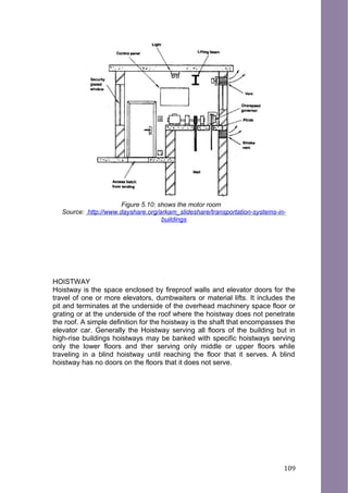 Figure 5.10: shows the motor room
Source: http://www.dayshare.org/arkam_slideshare/transportation-systems-in-
buildings
HOISTWAY
Hoistway is the space enclosed by fireproof walls and elevator doors for the
travel of one or more elevators, dumbwaiters or material lifts. It includes the
pit and terminates at the underside of the overhead machinery space floor or
grating or at the underside of the roof where the hoistway does not penetrate
the roof. A simple definition for the hoistway is the shaft that encompasses the
elevator car. Generally the Hoistway serving all floors of the building but in
high-rise buildings hoistways may be banked with specific hoistways serving
only the lower floors and ther serving only middle or upper floors while
traveling in a blind hoistway until reaching the floor that it serves. A blind
hoistway has no doors on the floors that it does not serve.
109
 