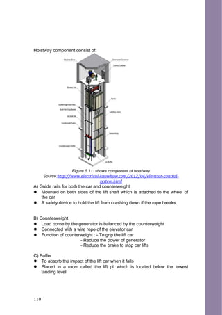 Hoistway component consist of:
Figure 5.11: shows component of hoistway
Source:http://www.electrical-knowhow.com/2012/04/elevator-control-
system.html
A) Guide rails for both the car and counterweight
 Mounted on both sides of the lift shaft which is attached to the wheel of
the car
 A safety device to hold the lift from crashing down if the rope breaks.
B) Counterweight
 Load borne by the generator is balanced by the counterweight
 Connected with a wire rope of the elevator car
 Function of counterweight : - To grip the lift car
- Reduce the power of generator
- Reduce the brake to stop car lifts
C) Buffer
 To absorb the impact of the lift car when it falls
 Placed in a room called the lift pit which is located below the lowest
landing level
110
 