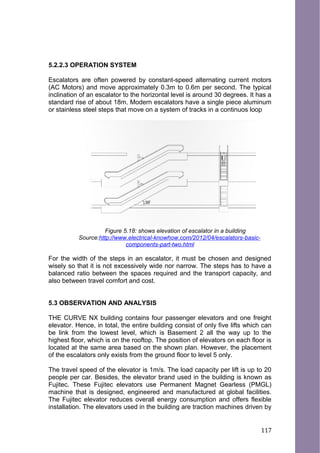 5.2.2.3 OPERATION SYSTEM
Escalators are often powered by constant-speed alternating current motors
(AC Motors) and move approximately 0.3m to 0.6m per second. The typical
inclination of an escalator to the horizontal level is around 30 degrees. It has a
standard rise of about 18m. Modern escalators have a single piece aluminum
or stainless steel steps that move on a system of tracks in a continuos loop
Figure 5.18: shows elevation of escalator in a building
Source:http://www.electrical-knowhow.com/2012/04/escalators-basic-
components-part-two.html
For the width of the steps in an escalator, it must be chosen and designed
wisely so that it is not excessively wide nor narrow. The steps has to have a
balanced ratio between the spaces required and the transport capacity, and
also between travel comfort and cost.
5.3 OBSERVATION AND ANALYSIS
THE CURVE NX building contains four passenger elevators and one freight
elevator. Hence, in total, the entire building consist of only five lifts which can
be link from the lowest level, which is Basement 2 all the way up to the
highest floor, which is on the rooftop. The position of elevators on each floor is
located at the same area based on the shown plan. However, the placement
of the escalators only exists from the ground floor to level 5 only.
The travel speed of the elevator is 1m/s. The load capacity per lift is up to 20
people per car. Besides, the elevator brand used in the building is known as
Fujitec. These Fujitec elevators use Permanent Magnet Gearless (PMGL)
machine that is designed, engineered and manufactured at global facilities.
The Fujitec elevator reduces overall energy consumption and offers flexible
installation. The elevators used in the building are traction machines driven by
117
 