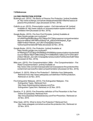 7.0References
2.0 FIRE PROTECTION SYSTEM
Buildings.com, (2015). The Basics of Passive Fire Protection. [online] Available
at: http://www.buildings.com/article-details/articleid/5851/title/the-basics-of-
passive-fire-protection-.aspx [Accessed 22 Nov. 2015].
Coltinfo.co.uk, (2015). Pressurisation system - Colt International UK. [online]
Available at: http://www.coltinfo.co.uk/pressurisation-system-smoke-fire-
ventilation.html [Accessed 22 Nov. 2015].
Google Books, (2015). Fire from First Principles. [online] Available at:
https://books.google.com.my/books?
id=uNWPAgAAQBAJ&pg=PA77&lpg=PA77&dq=passive+compartmentation
&source=bl&ots=r9tFHMOuDZ&sig=JR_yEBJs3mKIXeIj4aA_fCge-
n8&hl=en&sa=X&redir_esc=y#v=onepage&q=passive
%20compartmentation&f=false [Accessed 22 Nov. 2015].
Google Books, (2015). Fire Protection. [online] Available at:
https://books.google.com.my/books?
id=R8ahgLlUTLEC&pg=PA266&lpg=PA266&dq=pressurization+ductworks&
source=bl&ots=MpA1O8BvxA&sig=FIYrxNBtsRIDC1eMvLCwT41ZWnc&hl=
en&sa=X&redir_esc=y#v=onepage&q=pressurization%20ductworks&f=false
[Accessed 22 Nov. 2015].
Mitie.com, (2015). Fire Compartmentation | Mitie - Fire Compartmentation - Fire
Rated Compartmentation. [online] Available at:
http://www.mitie.com/services/specialist-services/passive-fire-protection/fire-
containment-services/fire-rated-compartmentation [Accessed 22 Nov. 2015].
Cuthbert, S. (2015). What is Fire Protection? - Definition from Safeopedia.
Retrieved from http://www.safeopedia.com/definition/193/fire-protection.
Retrieved on 22 Nov. 2015.
Fire Extinguisher Malaysia. (2012). Fire Extinguisher Malaysia - Fire
Extinguisher Types. Retrieved from
http://www.fireextinguishermalaysia.com/Fire-
Extinguisher-Types.html. Retrieved on 22 Nov. 2015.
Savel’ev, P. S. (2010). Fire Prevention definition of Fire Prevention in the Free
Online Encyclopedia. Retrieved from
http://encyclopedia2.thefreedictionary.com/Fire+Prevention. Retrieved on
22 Nov. 2015.
Wise Geek. (2015). What Is Active Fire Protection? Retrieved from
http://www.wisegeek.com/what-is-active-fire-protection.htm, Retrieved on
22 Nov. 2015.
129
 