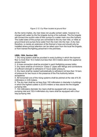 Figure 2.12: Cry Riser located at ground floor
As the name implies, dry riser does not usually contain water, however it is
charged with water by the fire brigade during a fire outbreak. The fire brigade
will connect the suction side of their pumps to a water main via a fire hydrant.
The outlet sides of the pumps are connected to the dry riser inlet, or inlets at
ground level and pumps force water from the main into the riser. A dry riser,
therefore, is merely an extension of the fireman’s hose and should only be
installed where prompt attention can be relied upon from the local fire brigade,
or from trained fire-fighting personnel in the premises.
UBBL 1984, Section 290:
1. Dry rising system shall be provided in every building in which the topmost
floor is more than 18.3 meters but less than 30.5 meters above fire appliance
access level.
2. A hose connection shall be provided in each firefighting access lobby.
3. Dry risers shall be of minimum “Class C” pipes with fittings and connections
of sufficient strength to withstand 21 hours water pressure.
4. Dry risers shall be nested hydrostatically to withstand not less than 14 bars
of pressure for two hours in the presence of the Fire Authority before
acceptance.
5. All horizontal runs of the rising systems shall be pitched at the rate of 6.35
millimeters in 3.05 meters.
6. The dry riser shall be not less than 102 millimeters in diameter in buildings
in which the highest outlets is 22.875 meters or less above the fire brigade
pumping inlet.
7. 102 millimeters diameter dry risers shall be equipped with a two-way
pumping inlet and 152.4 millimeters dry risers shall be equipped with a four
way-pumping inlet.
Pumps
36
 