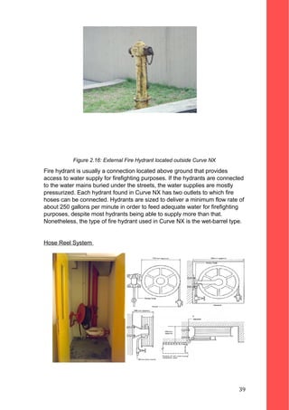 Figure 2.16: External Fire Hydrant located outside Curve NX
Fire hydrant is usually a connection located above ground that provides
access to water supply for firefighting purposes. If the hydrants are connected
to the water mains buried under the streets, the water supplies are mostly
pressurized. Each hydrant found in Curve NX has two outlets to which fire
hoses can be connected. Hydrants are sized to deliver a minimum flow rate of
about 250 gallons per minute in order to feed adequate water for firefighting
purposes, despite most hydrants being able to supply more than that.
Nonetheless, the type of fire hydrant used in Curve NX is the wet-barrel type.
Hose Reel System
39
 