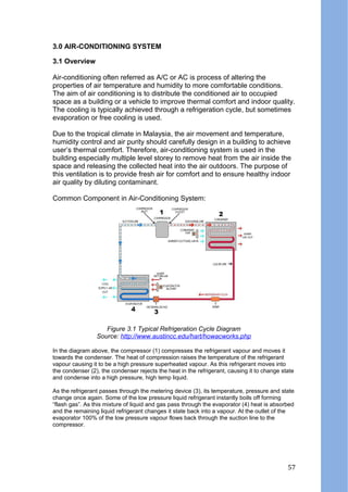 3.0 AIR-CONDITIONING SYSTEM
3.1 Overview
Air-conditioning often referred as A/C or AC is process of altering the
properties of air temperature and humidity to more comfortable conditions.
The aim of air conditioning is to distribute the conditioned air to occupied
space as a building or a vehicle to improve thermal comfort and indoor quality.
The cooling is typically achieved through a refrigeration cycle, but sometimes
evaporation or free cooling is used.
Due to the tropical climate in Malaysia, the air movement and temperature,
humidity control and air purity should carefully design in a building to achieve
user’s thermal comfort. Therefore, air-conditioning system is used in the
building especially multiple level storey to remove heat from the air inside the
space and releasing the collected heat into the air outdoors. The purpose of
this ventilation is to provide fresh air for comfort and to ensure healthy indoor
air quality by diluting contaminant.
Common Component in Air-Conditioning System:
Figure 3.1 Typical Refrigeration Cycle Diagram
Source: http://www.austincc.edu/hart/howacworks.php
In the diagram above, the compressor (1) compresses the refrigerant vapour and moves it
towards the condenser. The heat of compression raises the temperature of the refrigerant
vapour causing it to be a high pressure superheated vapour. As this refrigerant moves into
the condenser (2), the condenser rejects the heat in the refrigerant, causing it to change state
and condense into a high pressure, high temp liquid.
As the refrigerant passes through the metering device (3), its temperature, pressure and state
change once again. Some of the low pressure liquid refrigerant instantly boils off forming
“flash gas”. As this mixture of liquid and gas pass through the evaporator (4) heat is absorbed
and the remaining liquid refrigerant changes it state back into a vapour. At the outlet of the
evaporator 100% of the low pressure vapour flows back through the suction line to the
compressor.
57
 