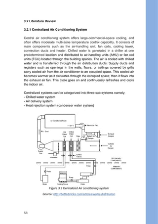 3.2 Literature Review
3.2.1 Centralized Air Conditioning System
Central air conditioning system offers large-commercial-space cooling, and
often offers moderate multi-zone temperature control capability. It consists of
main components such as the air-handling unit, fan coils, cooling tower,
connection ducts and heater. Chilled water is generated in a chiller at one
predetermined location and distributed to air-handling units (AHU) or fan coil
units (FCU) located through the building spaces. The air is cooled with chilled
water and is transferred through the air distribution ducts. Supply ducts and
registers such as openings in the walls, floors, or ceilings covered by grills
carry cooled air from the air conditioner to an occupied space. This cooled air
becomes warmer as it circulates through the occupied space; then it flows into
the exhaust air fan. This cycle goes on and continuously refreshes and cools
the indoor air.
Centralized systems can be categorized into three sub-systems namely:
- Chilled water system
- Air delivery system
- Heat rejection system (condenser water system)
Figure 3.2 Centralized Air conditioning system
Source: http://betterbricks.com/articles/water-distribution
58
 