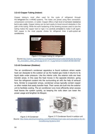 3.2.4.5 Copper Tubing (Indoor)
Copper tubing is most often used for the cycle of refrigerant through
the refrigerant line in HVAC systems. The tubes are joined using flare connection,
compression connection, or solder. Copper offers a high level of corrosion resistance
but is very costly. Copper tubing can be bent easily to travel around obstacles in the
path of the tubing. While the work hardening of the drawing process used to size the
tubing makes the copper hard or rigid, it is carefully annealed to make it soft again.
Soft copper is the most popular choice for refrigerant lines in split-system air
conditioners.
3.2.4.6 Condenser (Outdoor)
The air conditioner's condenser apparatus is found outdoors where waste
heat can dissipate to the outdoor air as the heated gas inside it returns to its
liquid state under pressure. Like the interior coils, the exterior coils are heat
transfer areas. In this case the heat moves in the opposite direction, going
from the refrigerant coolant into the surrounding air with the help of exhaust
fans. Similar to evaporator arrays, condenser arrays typically contain copper
or other metals that easily transfer heat. Their vanes are built into the exterior
unit to facilitate cooling. The air conditioner runs more efficiently when excess
heat leaves the system quickly, so keeping the coils clean can lower the
power usage and lengthen its lifespan.
Figure 3.16 Condenser Figure 3.17 Condenser found in outdoor unit
Source: http://www.electrical-knowhow.com/2014/05/electrical-rules-and-calculations-for-Air-
Conditioning-Systems.html
Source:http://admin.copperalliance.eu/images/librariesprovider3/defaulta lbum/kup
fer_innovation_video_photo-jpg-(0-01-11 -1).jpg?sfvrsn=0.42828 867861864794
Figure 3.15 Copper tubing for refrigerant
66
 