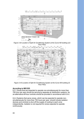 Figure 3.42 Location of Split Air Conditioning System at the Curve NX building (LG
Floor Plan)
Figure 3.43 Location of Split Air Conditioning System at the Curve NX building (G
Floor Plan)
According to MS1525
8.3.1 Zones that are expected to operate non-simultaneously for more than
750 hour per year should be serving by separate air distribution systems. As
an-alternative-off-hour controls should be provided in accordance with 8.4.4.
8.4.4 Systems that serve zones, which can be expected to operate non-
simultaneously for more than 750 hours per year, should include isolation
devices and controls to shut off the supply of cooling to each zone
independently. Isolation is not required for zones expected to operate
continuously.
80
 