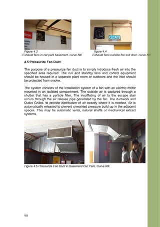 Figure 4.3 figure 4.4
Exhaust fans in car park basement, curve NX Exhaust fans outside fire exit door, curve NX
4.5 Pressurize Fan Duct
The purpose of a pressurize fan duct is to simply introduce fresh air into the
specified area required. The run and standby fans and control equipment
should be housed in a separate plant room or outdoors and the inlet should
be protected from smoke.
The system consists of the installation system of a fan with an electric motor
mounted in an isolated compartment. The outside air is captured through a
shutter that has a particle filter. The insufflating of air to the escape stair
occurs through the air release pipe generated by the fan. The ductwork and
Outlet Grilles, to provide distribution of air exactly where it is needed. Air is
automatically released to prevent unwanted pressure build up in the adjacent
spaces. This may be automatic vents, natural shafts or mechanical extract
systems.
Figure 4.5 Pressurize Fan Duct in Basement Car Park, Curve NX.
90
 