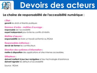 La chaîne de responsabilité de l'accessibilité numérique :
L’État :  
garantir les droits et libertés publiques
Donneur d'ordre - maîtrise d’ouvrage :  
responsable de l’accessibilité 
expert indépendant pour éviter les conflits d'intérêts
Maîtrise d’œuvre : 
responsabilité de livrer un travail conforme au RGAA
Responsables éditoriaux :  
devoir de former les contributeurs
Direction des systèmes d’information :  
mettre à disposition des applications et sites internes accessibles.
Utilisateurs :  
doivent mettent à jour leur navigateur et leur technologie d'assistance  
doivent signaler les défauts d’accessibilité
Source : RGAA
Devoirs des acteurs
 