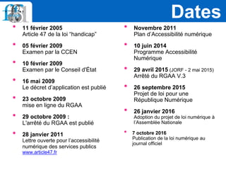 • 11 février 2005
Article 47 de la loi “handicap”
• 05 février 2009
Examen par la CCEN
• 10 février 2009
Examen par le Conseil d'État
• 16 mai 2009
Le décret d’application est publié
• 23 octobre 2009
mise en ligne du RGAA
• 29 octobre 2009 :
L'arrêté du RGAA est publié
• 28 janvier 2011
Lettre ouverte pour l’accessibilité
numérique des services publics
www.article47.fr
• Novembre 2011
Plan d’Accessibilité numérique
• 10 juin 2014
Programme Accessibilité
Numérique
• 29 avril 2015 (JORF - 2 mai 2015)
Arrêté du RGAA V.3
• 26 septembre 2015
Projet de loi pour une
République Numérique
• 26 janvier 2016
Adoption du projet de loi numérique à
l’Assemblée Nationale
• 7 octobre 2016
Publication de la loi numérique au
journal officiel
Dates
 