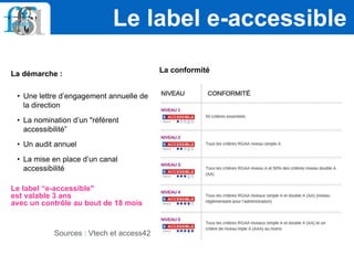 La démarche :
• Une lettre d’engagement annuelle de
la direction
• La nomination d’un "référent
accessibilité”
• Un audit annuel
• La mise en place d’un canal
accessibilité
Le label “e-accessible"
est valable 3 ans
avec un contrôle au bout de 18 mois
Sources : Vtech et access42
Le label e-accessible
La conformité
 