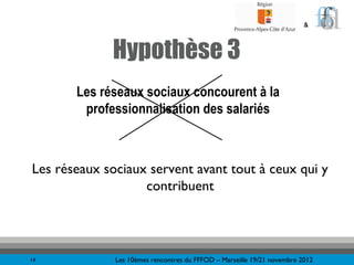 &



             Hypothèse 3
       Les réseaux sociaux concourent à la
        professionnalisation des salariés



Les réseaux sociaux servent avant tout à ceux qui y
                   contribuent




14            Les 10èmes rencontres du FFFOD – Marseille 19/21 novembre 2012
 