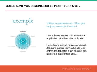 QUELS SONT VOS BESOINS SUR LE PLAN TECHNIQUE ?
© Nell & Associés 2015 | Confidentiel | 14/02/2017 | Page 18
Une solution simple : disposer d’une
application et utiliser des tablettes
Un scénario n’avait pas été envisagé :
dans une prison, impossible de faire
entrer des tablettes > On ne peut pas
utiliser de plateformes LMS.
exemple Utiliser la plateforme en n’étant pas
toujours connecté à Internet
 