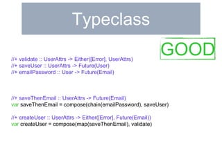 Typeclass 
//+ validate :: UserAttrs -> Either([Error], UserAttrs) 
//+ saveUser :: UserAttrs -> Future(User) 
//+ emailPassword :: User -> Future(Email) 
//+ saveThenEmail :: UserAttrs -> Future(Email) 
var saveThenEmail = compose(chain(emailPassword), saveUser) 
//+ createUser :: UserAttrs -> Either([Error], Future(Email)) 
var createUser = compose(map(saveThenEmail), validate) 
GOOD 
 