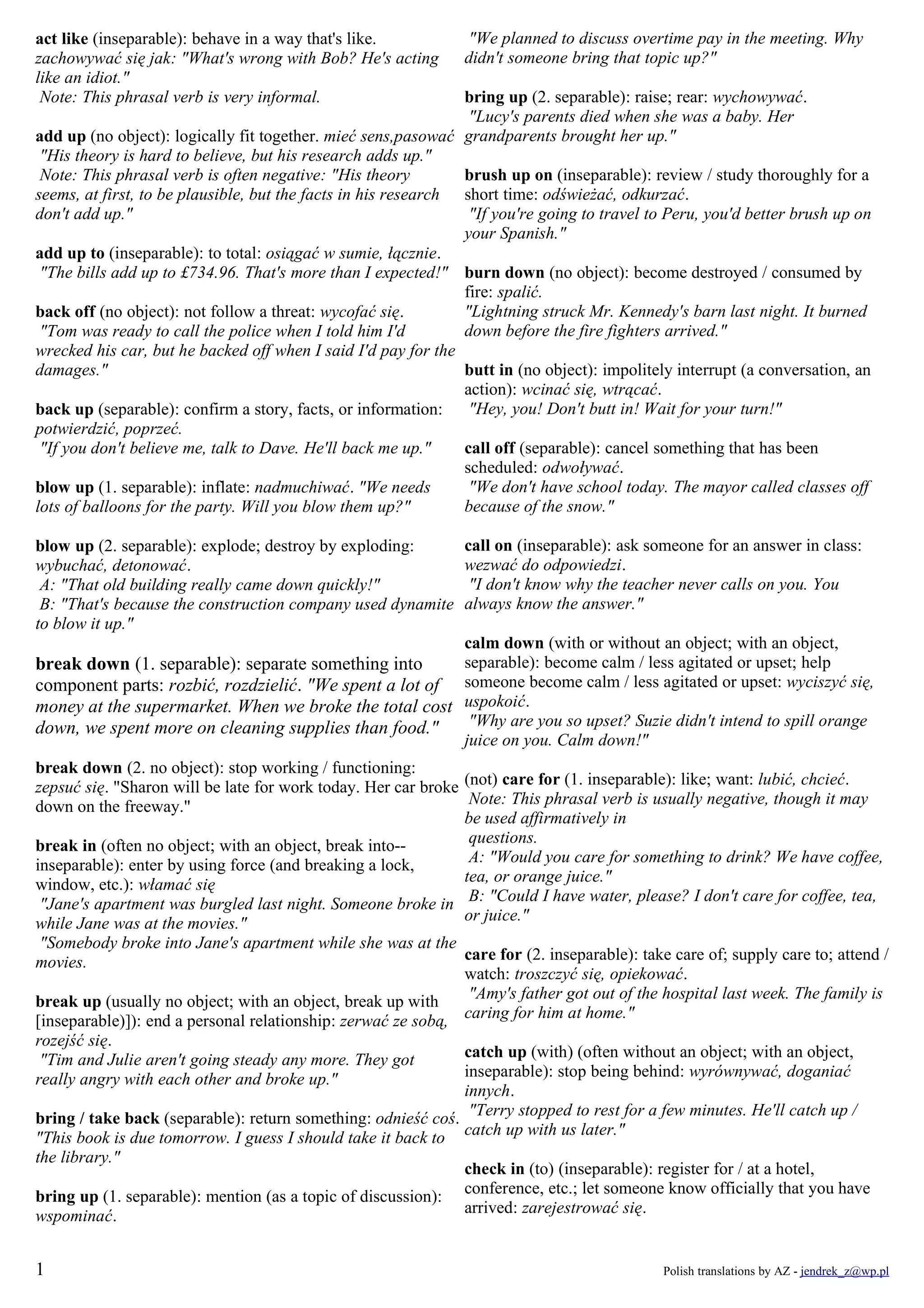 Phrasal verbs fce cae cpe defined in english polish translations | PDF