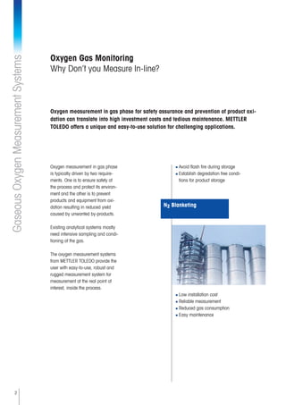 2
Oxygen Gas Monitoring
Why Don’t you Measure In-line?
Oxygen measurement in gas phase for safety assurance and prevention of product oxi-
dation can translate into high investment costs and tedious maintenance. METTLER
TOLEDO offers a unique and easy-to-use solution for challenging applications.
GaseousOxygenMeasurementSystems
■ Avoid flash fire during storage
■ Establish degredation free condi-
tions for product storage
■ Low installation cost
■ Reliable measurement
■ Reduced gas consumption
■ Easy maintenance
Oxygen measurement in gas phase
is typically driven by two require-
ments. One is to ensure safety of
the process and protect its environ-
ment and the other is to prevent
products and equipment from oxi-
dation resulting in reduced yield
caused by unwanted by-products.
Existing analytical systems mostly
need intensive sampling and condi-
tioning of the gas.
The oxygen measurement systems
from METTLER TOLEDO provide the
user with easy-to-use, robust and
rugged measurement system for
measurement at the real point of
interest, inside the process.
N2 Blanketing
 