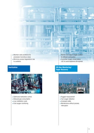 3
■ Maintain safe conditions for
processes hazardous areas
■ Minimize product degredation due
to oxidation
■ Optimized inertization control
■ Reduced gas consumption
■ Low installation costs
■ Fast oxygen monitoring
■ Monitor and adjust oxygen content
for efficient combustion
■ Guarantee oxygen values below
LOC to avoid explosive atmosphere
■ Rugged measurement
■ Fast oxygen detection
■ Increased safety
■ Maintenance without process
interruption
Off-Gas Monitoring/
Vapor Recovery
Inertization
 