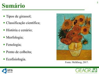  Tipos de girassol;
 Classificação científica;
 História e cenário;
 Morfologia;
 Fenologia;
 Ponto de colheita;
 Ecofisiologia.
Sumário
2
Fonte: Melkberg, 2017.
 