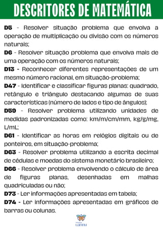 DESCRITORES DE MATEMÁTICA
D5 - Resolver situação problema que envolva a
operação de multiplicação ou divisão com os números
naturais;
D6 - Resolver situação problema que envolva mais de
uma operação com os números naturais;
D13 - Reconhecer diferentes representações de um
mesmo número racional, em situação-problema;
D47 - Identificar e classificar figuras planas: quadrado,
retângulo e triângulo destacando algumas de suas
características (número de lados e tipo de ângulos);
D59 - Resolver problema utilizando unidades de
medidas padronizadas como: km/m/cm/mm, kg/g/mg,
L/mL;
D61 - Identificar as horas em relógios digitais ou de
ponteiros, em situação-problema;
D63 - Resolver problema utilizando a escrita decimal
de cédulas e moedas do sistema monetário brasileiro;
D66 - Resolver problema envolvendo o cálculo de área
de figuras planas, desenhadas em malhas
quadriculadas ou não;
D73 - Ler informações apresentadas em tabela;
D74 - Ler informações apresentadas em gráficos de
barras ou colunas.
 