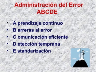 Administración del Error
ABCDE
• A prendizaje contínuo
• B arreras al error
• C omunicación eficiente
• D etección temprana
• E standarización
 