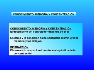 CONOCIMIENTO, MEMORIA Y CONCENTRACIÓNCONOCIMIENTO, MEMORIA Y CONCENTRACIÓN
El desempeño del controlador depende de ellos.El desempeño del controlador depende de ellos.
El estrés y la condición física sedentaria disminuyen laEl estrés y la condición física sedentaria disminuyen la
memoria y los reflejos.memoria y los reflejos.
DISTRACCIÓNDISTRACCIÓN
El cansancio ocupacional conduce a la pérdida de laEl cansancio ocupacional conduce a la pérdida de la
concentraciónconcentración
CONOCIMIENTO, MEMORIA Y CONCENTRACIÓNCONOCIMIENTO, MEMORIA Y CONCENTRACIÓN
 