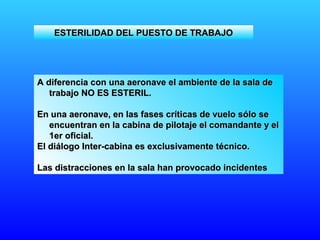 A diferencia con una aeronave el ambiente de la sala deA diferencia con una aeronave el ambiente de la sala de
trabajo NO ES ESTERIL.trabajo NO ES ESTERIL.
En una aeronave, en las fases críticas de vuelo sólo seEn una aeronave, en las fases críticas de vuelo sólo se
encuentran en la cabina de pilotaje el comandante y elencuentran en la cabina de pilotaje el comandante y el
1er oficial.1er oficial.
El diálogo Inter-cabina es exclusivamente técnico.El diálogo Inter-cabina es exclusivamente técnico.
Las distracciones en la sala han provocado incidentesLas distracciones en la sala han provocado incidentes
ESTERILIDAD DEL PUESTO DE TRABAJOESTERILIDAD DEL PUESTO DE TRABAJO
 