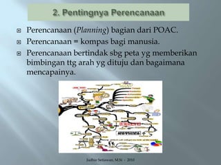 2. Pentingnya PerencanaanPerencanaan (Planning) bagian dari POAC.Perencanaan = kompas bagi manusia.Perencanaan bertindak sbg peta yg memberikan bimbingan ttg arah yg dituju dan bagaimana mencapainya.Judhie Setiawan, M.Si  -  2010